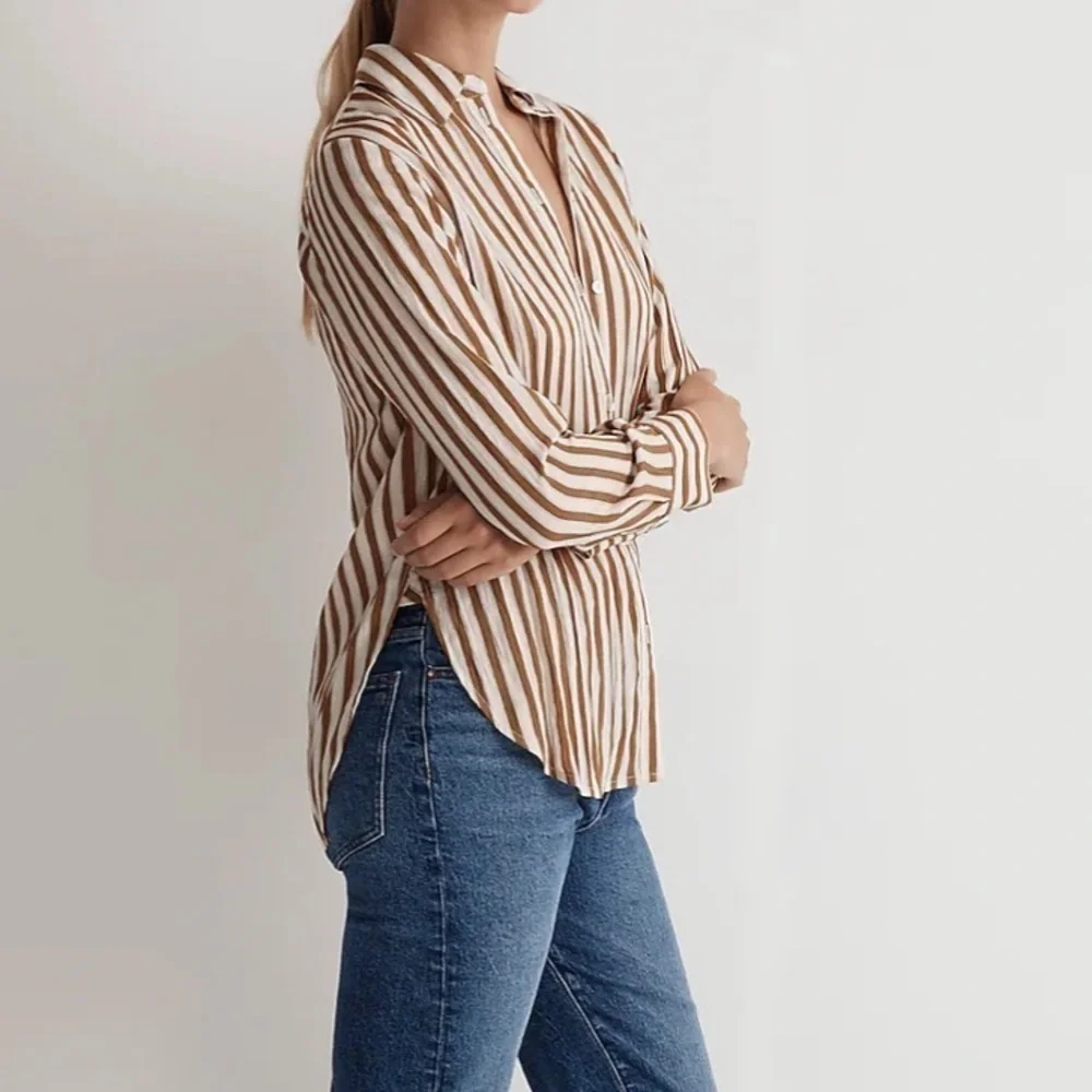 Madewell Crinkled Button Up Shirt Toffee Brown Striped XS - Picture 2 of 10